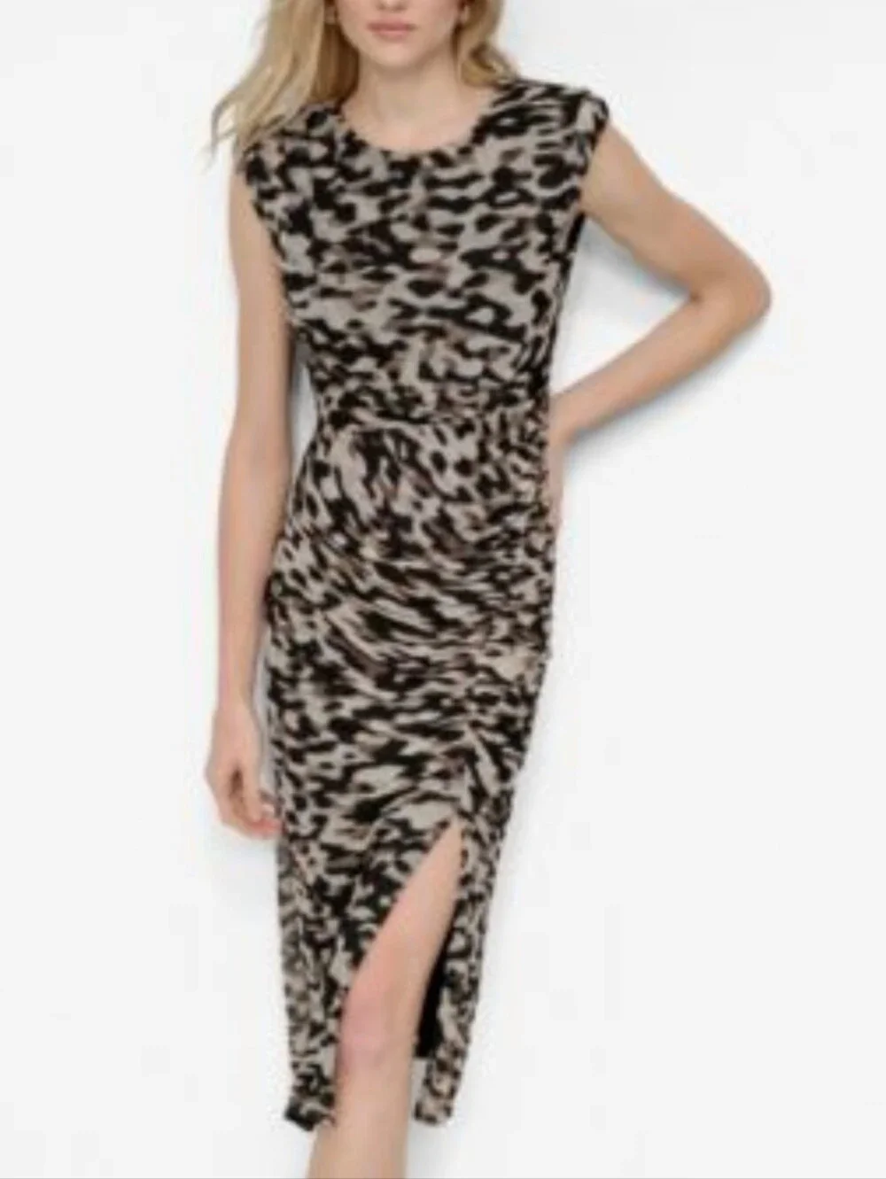DKNY ruched Beige&Black Leopard-Print Midi Dress size 10 new with tags
